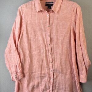 Tahari 100% Linen Shirt Womens Size 1X Button Down Peach Quiet Luxury Extra Long